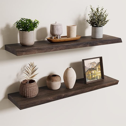 Axeman 32 inch Floating Shelves for Wall - 8'' D Live Edge Rustic Solid Elm Wood Floating Shelves Wall Mounted, Wall Shelves with Invisible Bracket for Living Room Bedroom Kitchen, Set of 2 Walnut