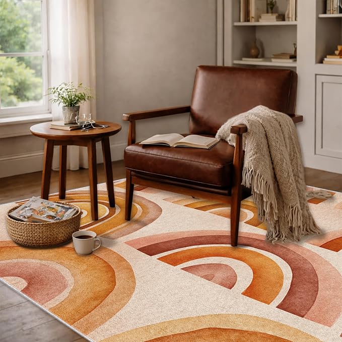 Retro Arcs Area Rug 5x8, Minimalist Arch Pattern Rug, Modern Retro Neutral Carpet for Living Room Bedroom, Non Slip Washable Rug
