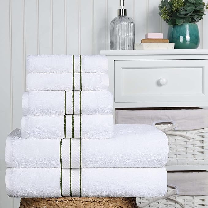 Superior Turkish Cotton Ultra-Plush 6-Piece Towel Set, Ideal for Master Bath, Guest Bathroom, Fast Drying, Shower, Spa, Face/Washcloths, Hand, Bath Towels, Absorbent, Home Basics, Forest Green