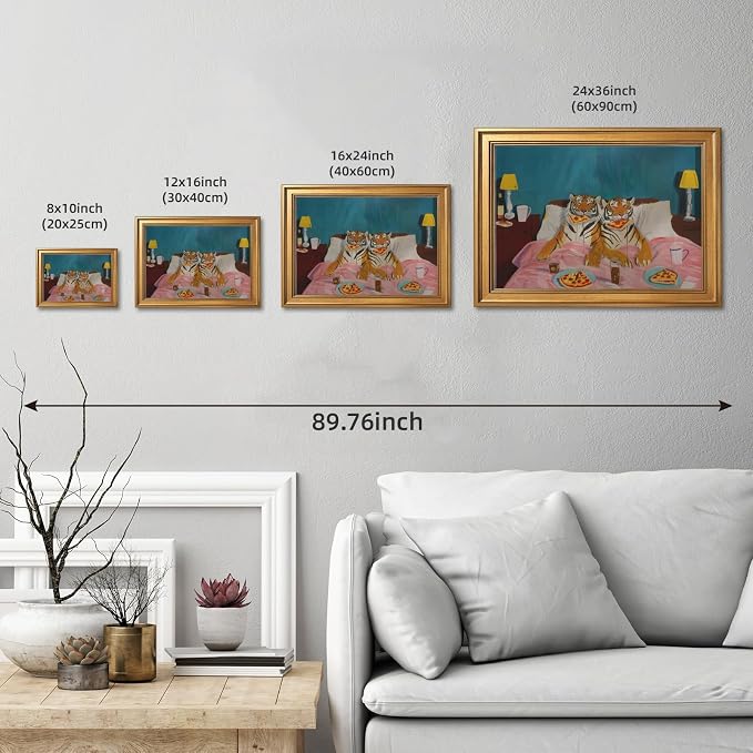 Funny Tiger Eating Pizza in Bed Wall Art Print Trendy Whimsical Dopamine Tigers Couple Poster Maximalist Eclectic Wild Animal Painting Retro Pop Love Jungle Decor for Room 24x36inch Golden frame