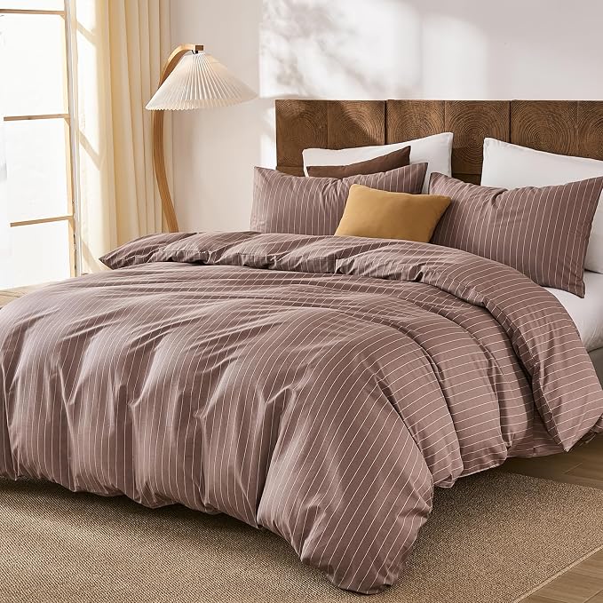 Merryword 100% Cotton Duvet Cover Set King Size, Brown Pinstripe Bedding Set with 2 Pillowcases, Soft Breathable Comforter Cover, Natural Cotton Linen Like Bedding Set for Cozy Home Bedroom