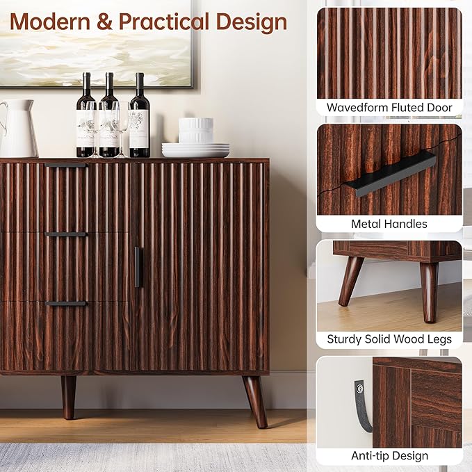 47.2" Fluted Sideboard Buffet Cabinet with 3 Drawers, Walnut Modern Buffet Cabinet with Storage, Large Storage Cabinets with 2 Doors Accent Credenza for Living Room|Kitchen|Entryway