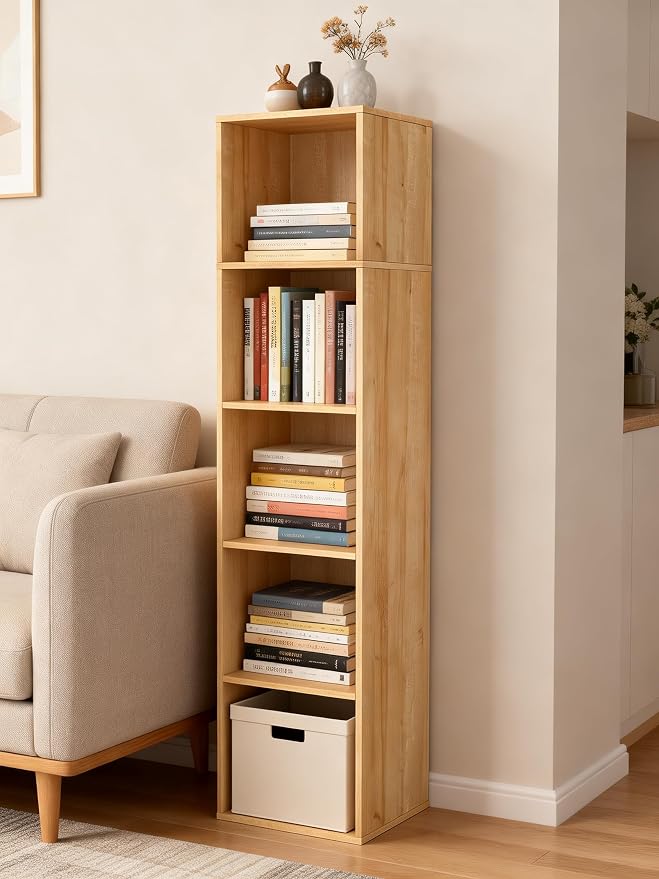 5 Cube Storage Organizer, 5 Tier Cube Low Bookcase Freestanding Storage Display Organizer, Five-Cubes Open Shelf Bookshelf for Home Office (Oak, 5-Cube)
