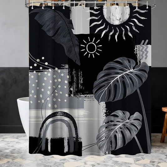 Black and Gray Mid Century Modern Shower Curtain Bohemian Abstract Dark Black and Grey Shower Curtains for Bathroom Decor Sets, Waterproof Cloth Fabric with Hooks, 70x78 Inch