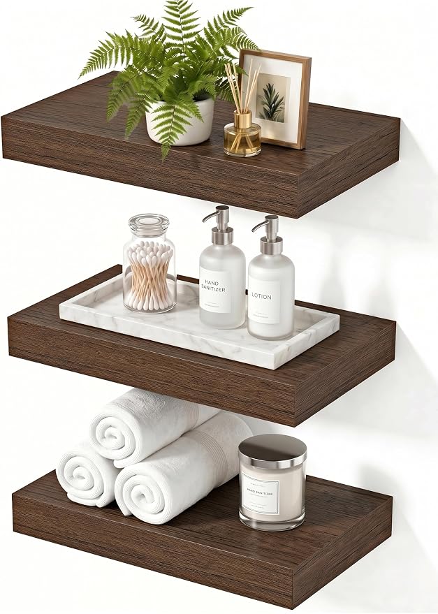 Floating Shelves for Wall, Bathroom Shelves Over Toilet, Wall Shelves & Book Shelf for Room, Hanging Shelf, Wooden Wall-Mounted Small Floating Shelves, 12 x 7 x 1.5 in (Smoke Gray, Set of 3)