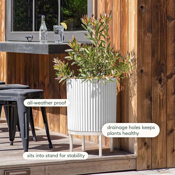 Veradek Demi Series Round Planter w/Stand for Porch/Patio | Durable Plastic-Stone Composite & Wooden Stand | Modern Décor for Tall Plants, Flowers