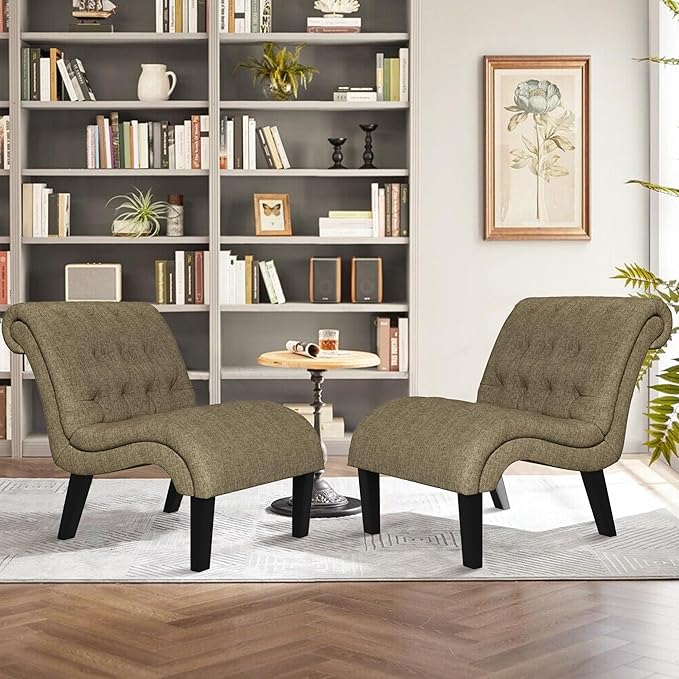 Accent Chairs Set of 2 Modern Armless Living Room Bedroom Side Chairs Button Tufted Upholstered Leisure Chair with Wood Legs