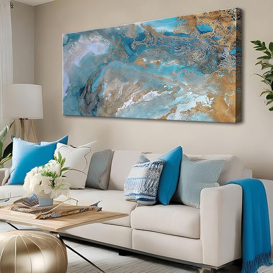 weiyiart Blue Abstract Canvas Wall Art for Living Room, Navy and Gold Fluid Marble Picture Prints, Modern Painting Artwork for Bedroom, Bathroom, Office, Home Decor 20x40 Inch