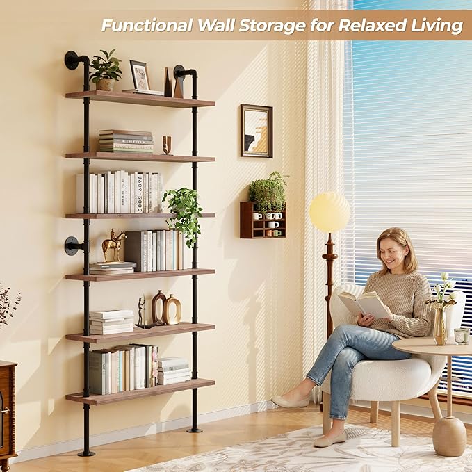 6 Tier Industrial Ladder Shelf Bookcase, Wall Mounted Rustic Bookshelf for Living Room Decor and Storage (Weathered Brown, 6 Tier - 10" D x 36" W x 82.5" H)