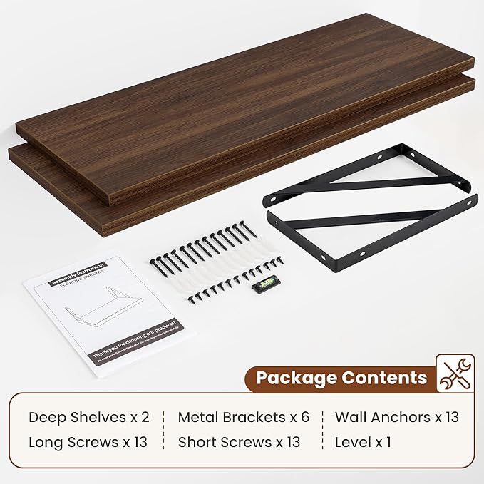 Deep Wall Shelves 40"W x 12"D Engineered Wood Floating Shelves for Wall, Sturdy Metal Bracket Bookshelves Home Decor Storage for Living Room Bedroom Bathroom Kitchen, Set of 2, Walnut Finish