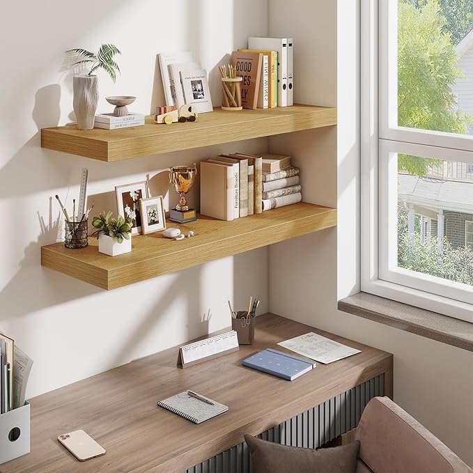 Fun Memories Floating Shelves for Wall, 40 Inch Floating Shelf for Home Decor, Wall Mounted Rustic Wood Shelves 12 Inch Deep, Hanging Deep Shelf for Bedroom, Living Room, Kitchen, Oak, Set of 2