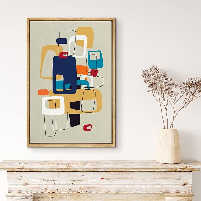 MUDECOR Framed Canvas Print Wall Art Mid-Century Modern Colorful Polygon Collage Abstract Shapes Illustrations Minimalism Decorative Bohemian Multicolor Geometric Retro for Bedroom - 16"x24" Natural