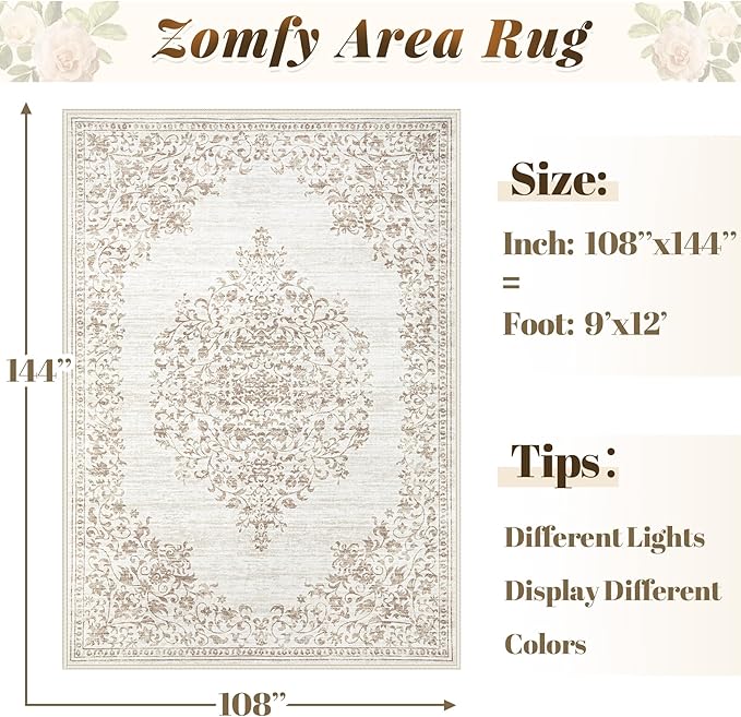 Area Rug 9x12 Vintage Rug: Large Washable Indoor Medallion Rugs Low Pile Distressed Floor Carpet Retro Accent Rug for Living Room Bedroom Kitchen Dining Table Home Office(Vintage Beige, 9'x12')