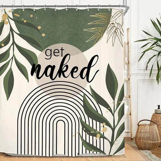 Miyotaa Abstract Minimalist Sage Green Shower Curtain Set 60Wx71H Inches Get Naked Aesthetic Modern Geometric Neutral Contemporary Plant Leaves Waterproof Bathroom Curtain with 12 Hooks