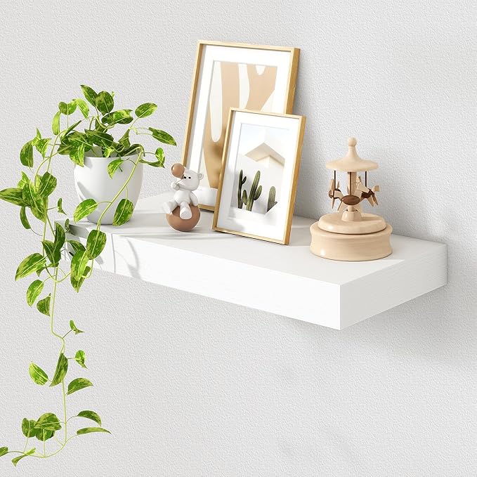 12 Inch Deep Floating Shelves | 24 Inch White Floating Shelves | 24" W x 12" D White Wood Shelves for Wall | Deep Wood Shelves for Living Room Bathroom Laundry Room Kitchen