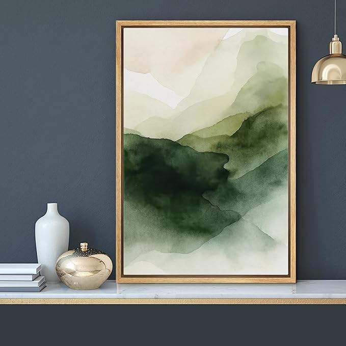 MUDECOR Framed Canvas Print Wall Art Abstract Landscape Wall Art Green Mountain Watercolor Illustrations Fine Art Mid-Century Modern Multicolor for Living Room, Bedroom, Office - 16"x24" NATURAL