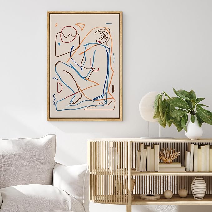 MUDECOR Framed Canvas Print Wall Art Minimalist Modern Abstract Line Drawing of a Reclining Woman Illustrations Modern Art Minimal Relax for Living Room, Bedroom, Office - 16"x24" Natural