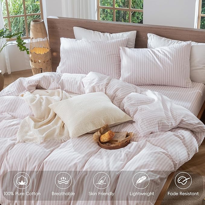 MooMee Striped Duvet Cover Set 100% Washed Cotton Linen Like Textured Breathable Durable Soft Comfy (Heathered Greyish Pink Classic Stripes, Full 80"x90")