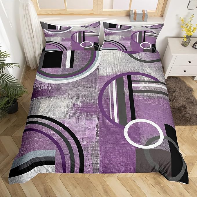 Purple Black Gray Duvet Cover Twin Size,Grunge Oil Painting Comforter Cover,Circles Bedding Set,Elegant Geometric Quilt Cover,Abstract Purple Artwork Bedspread Cover with Zipper& Ties