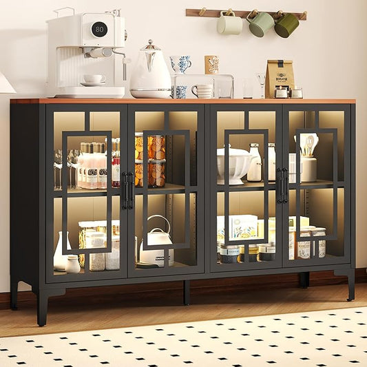 53" Glass Sideboard Buffet Cabinet with COB Lights, Adjustable Shelves, Modern Metal-Wood Buffet Table with Storage, Lighted Coffee Bar Display Cabinet for Dining Room Kitchen, Black