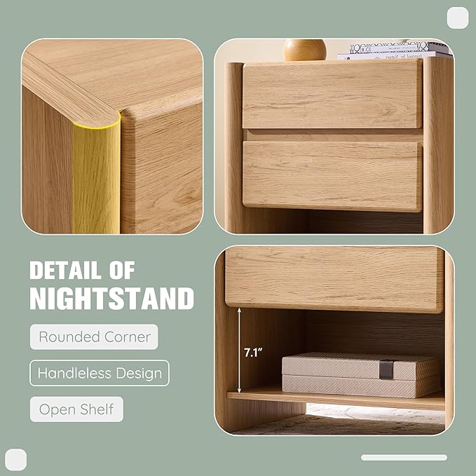 25" Tall Modern Nightstand with Charging Station, 23.6" W Nightstand with 2 Storage Drawers & Open Shelf, Wood Night Stand w/Rounded Corner Design for Bedroom, Living Room (Natural)
