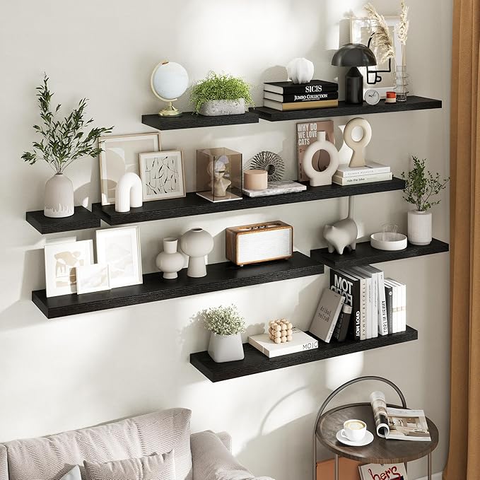 48 Inch Floating Shelves for Wall Set of 2, 8"D Wood Grain Bathroom Shelves with Invisible Brackets, Easy Install Engineered Wood Storage Shelves for Kitchen, Living Room, Bedroom, Black Finish