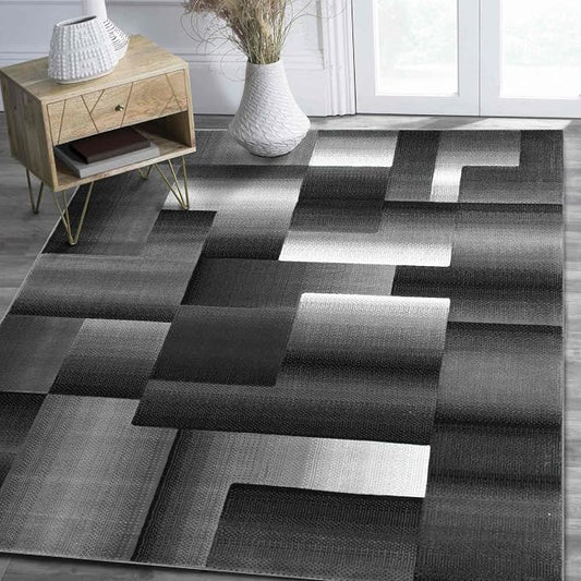 HR 8’ x 10’ Rug in Shadow- Premium Quality Silver/Black/Gray Abstract Geometric Modern Squares Pattern Area Rug - Contemporary Styling for Living Room, Bedroom - Unique Home Décor