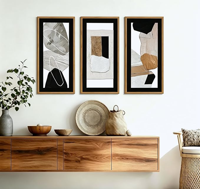 IARTTOP Neutral Abstract Wall Decor Set of 3 Beige Grey Black Brown Wall Art Framed Mid Century Modern Tone Minimalist Artwork Textured Abstract Painting for Walls Bedroom Office 8x16Inch