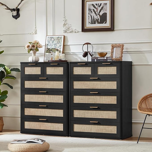 LEYAOYAO Rattan Dresser for Bedroom Set of 2, 42" Tall Chest of Drawers, Modern 6 Drawers Boho Dressers with Storage, Light Oak Dresser Wooden Closet Organizer for Living Room, Hallway, Black