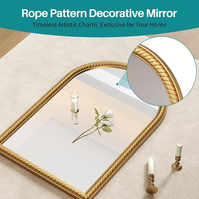 Gold Arched Wall Decor Mirror - 24"X36" Large Vintage Rope-Like Metal Framed Decorative Mounted Mirror for Wall Decor, Vanity Mirrors for Bathroom, Living Room, Bedroom, Fireplace