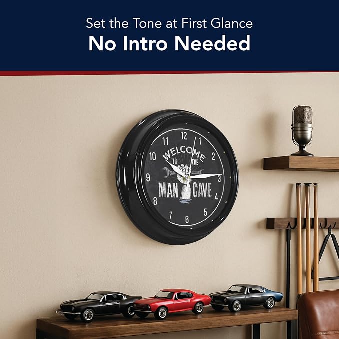 American Art Decor Welcome to The Man Cave LED Clock - 12" Wall Mounted Modern Mechanic Wall Decor - Wall Clock for Living Room, Dorm, Mancave, Garage, Office, Game Room (Black/White)