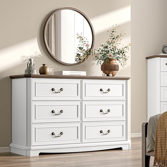 Farmhouse Dresser for Bedroom with 6 Drawer, 48" Wide Rustic Chest of Drawers with Metal Handle, Wood Vintage Dresser TV Stand, Wooden Closet Storage Dressers Organizer for Living Room, Hallway, White