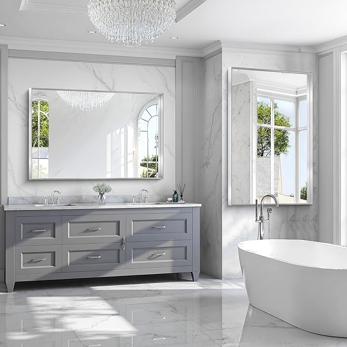 CIRCUMI Silver Bathroom Mirror, 36"x55" Rectangular Mirror with Deep Metal Frame, Brushed Finish, Tempered Glass, Large Mirror for Wall, Over 2 Sinks, Installed Vertically/Horizontally, Crystal-Clear