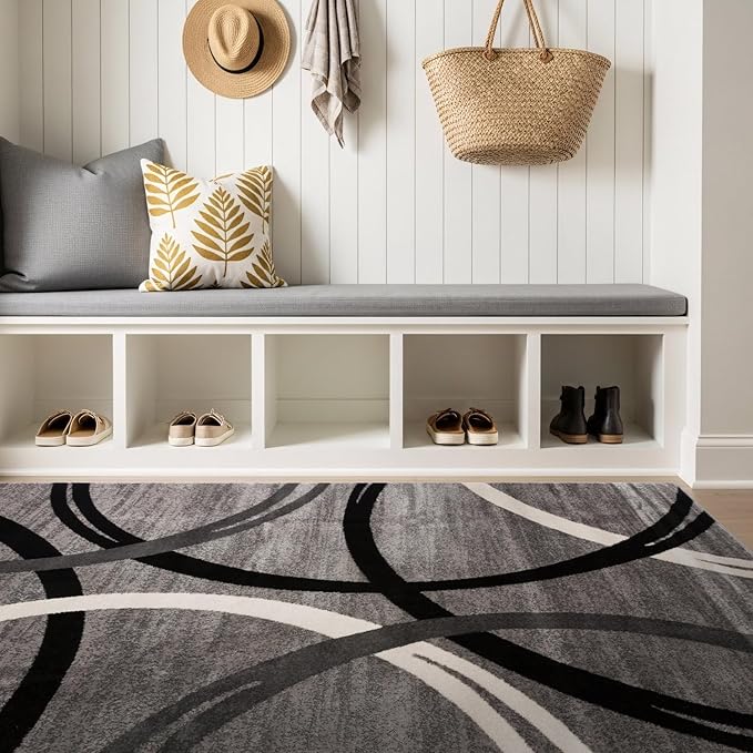 Rugshop Wavy Circles Design Area Rug, Fade-Resistant Carpet for Kitchen, Entryway, or Office, Gray, 3'3" x 5'