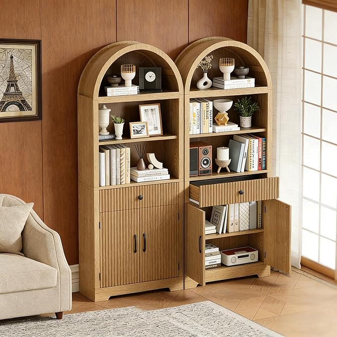 Farmhouse Arched Bookshelf, Mid-Century Modern 5-Tier Curved Cabinet with Door, Wooden Bathroom Storage Cabinet, Kitchen Pantry Cabinet for Living Room, Kitchen，Home Office, Natural X2