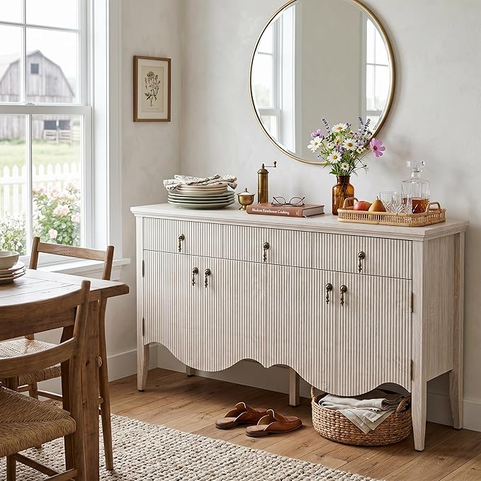 FUSUNBAO 57-Inch Sideboard Buffet Cabinet with 3 Drawers and 4 Doors, Vintage Fluted Sideboard with Scalloped Base, Vintage Storage Cabinet for Dining Room, Organic Modern Accent Cabinet,Nature Oak