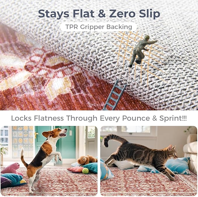OPPODREAM Vintage Red Area Rugs 3x5, 3 x 5 Retro Washable Rug Non Slip, Low-Pile Faux Wool Carpet, Distressed Floor Mat for Living Room, Bedroom, Kitchen, Office, Dorm, Dinning Room