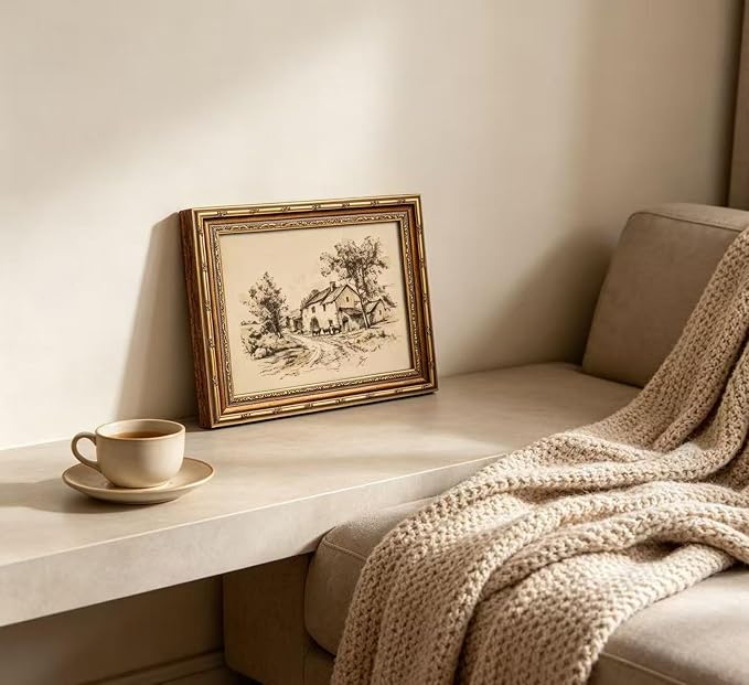 Vintage Gold Framed Farmhouse Sketch Wall Art，Retro Country Cottage with Cattle Canvas Prints, Antique Rural Farm Scene Drawing Poster Artwork for Living Room Bedroom Kitchen Wall Decor，9X11in