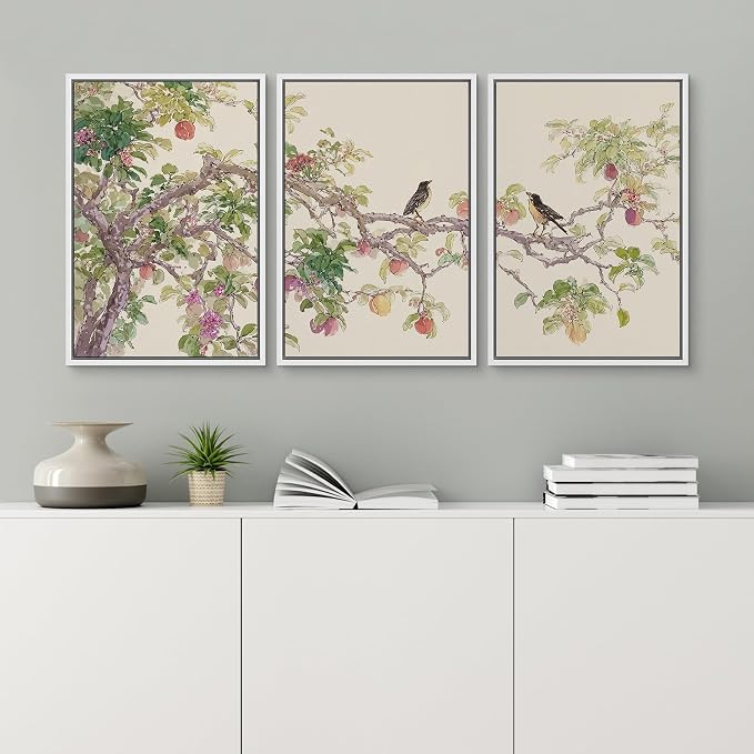 wall26 Framed Print Wall Art Set Watercolor Fruit Tree Branch with Birds Botanical Decorative Minimal Relax/Zen for Living Room, Bedroom, Office - 16"x24"x3 White