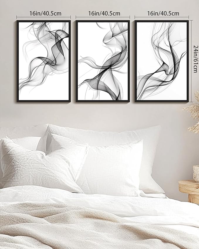 KUVIOKE Black White Abstract Framed Canvas Wall Art Ink Wash Pastel Wall Decor Modern Transparent Fog Illustration Art Painting for Bedroom Dining Room 16x24in (Black Framed)