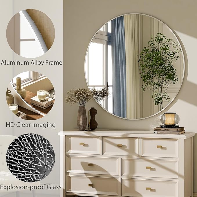 HARRITPURE Round Mirror 30" White Wall Mounted Circle Mirrors Vanity Mirror with Brushed Aluminum Alloy Frame Modern Decoration for Bathroom, Living Room, Vanity, Bedroom, Entryway