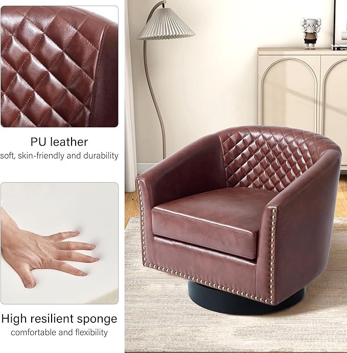 Swivel Barrel Accent Chair, Comfy Modern Upholstered Round Faux Leather Arm Chair for Living Room, Bedroom
