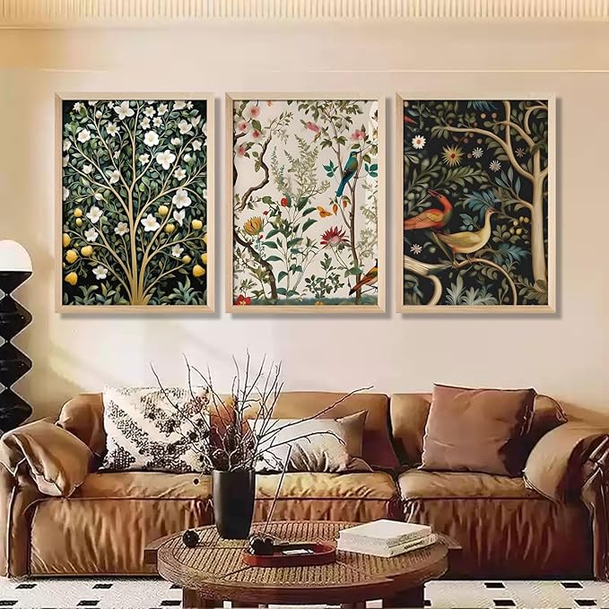 3Pcs Framed Vintage Plant And Bird Wall Art Prints Inspired By Nature Canvas Prints With Wooden Elegant Floral Posters And Wildlife Image Artwork Decor Living Rooms Bedrooms Offices 12x16 Inch