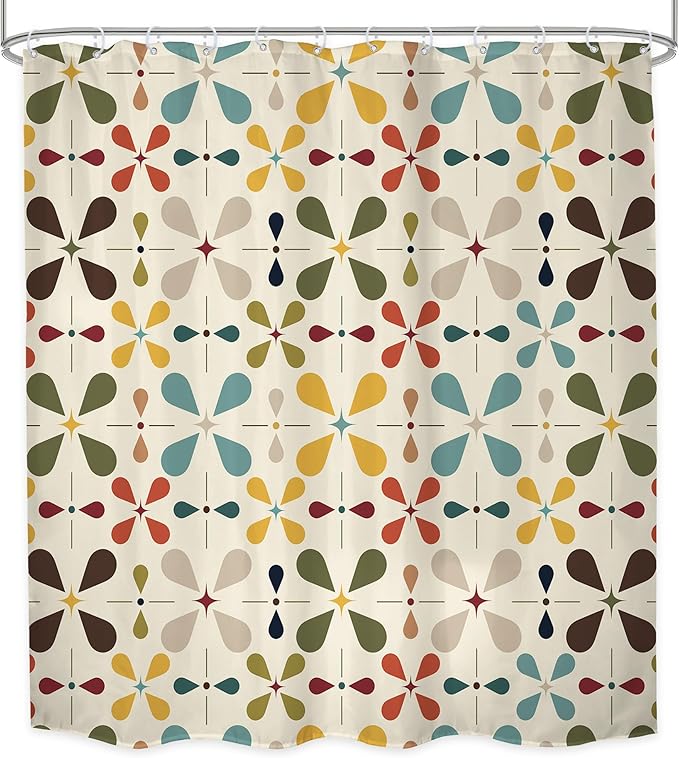 LGhtyro Boho Mid Century Shower Curtain Bathroom Set 71Wx71H Inches Modern Abstract Bohemian Vintage Colourful Geometric Retro Bath Accessories Water Drop Art Home Decor Fabric 12 Pack Hooks