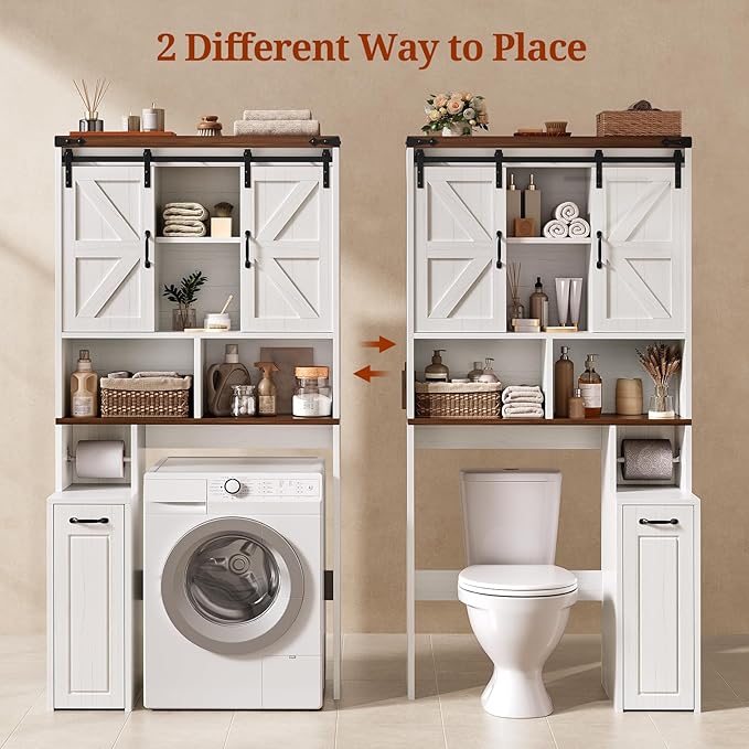 Farmhouse Over The Toilet Storage Cabinet with Pulley, Slide Barn Doors Bathroom Storage Cabinet, Space Saver W/Adjustable Shelf & Open Shelf for Bathroom, Restroom, Laundry (White Brown-Type A)