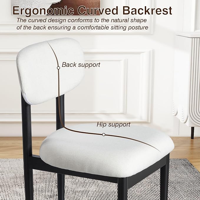 Casaphoria Upholstered Dining Chairs Set of 2, Mid-Century Modern Kitchen Chairs with Solid Wood Legs & Thick Cushion, Ergonomic Fabric Accent Chairs for Dining Room, Vanity & Office, White and Black
