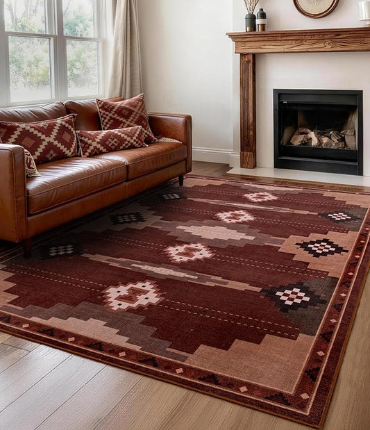 YIHOUSE Southwestern Rustic 5x7 Area Rug, Mid Century Modern Rug Soft Non-Slip Washable Navajo Rugs for Living Room, Bedroom, Dining Room (Brown/Red, 5'x7')