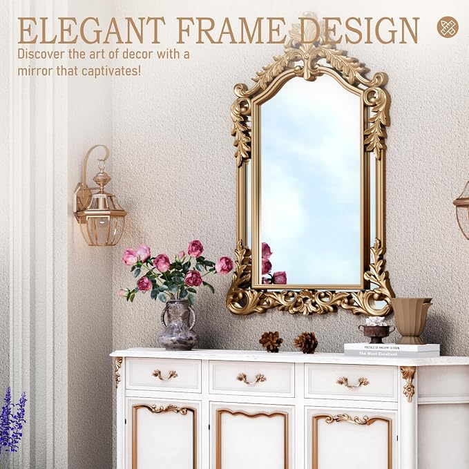 Large Retro Gold Mirror for Wall Decor 30"x47" Vanity Antique Baroque Ornate Wall Mirrors Victorian Arched Mirror for Bathroom, Living Room, Entryway, Fireplace, Bedroom