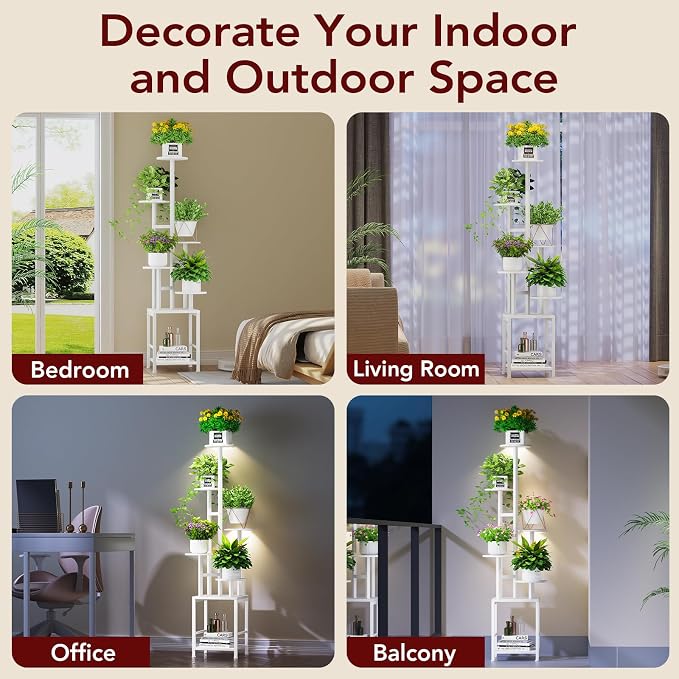 Homsorout Plant Stand Indoor with Grow Light, 6-Tiered Tall Plant Stand Indoor, Metal Plant Shelf with Hanging Basket Hook and Adjustable Light, Ideal for Living Room, Garden, Round Patio white