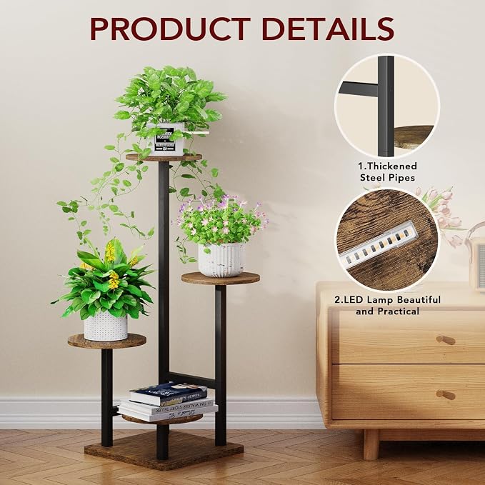 Homsorout Plant Stand Indoor with Grow Light,4-Tiered Tall Plant Stand Indoor, Metal Plant Shelf with Adjustable Light, Ideal for Living Room, Garden, Patio (Black Brown)